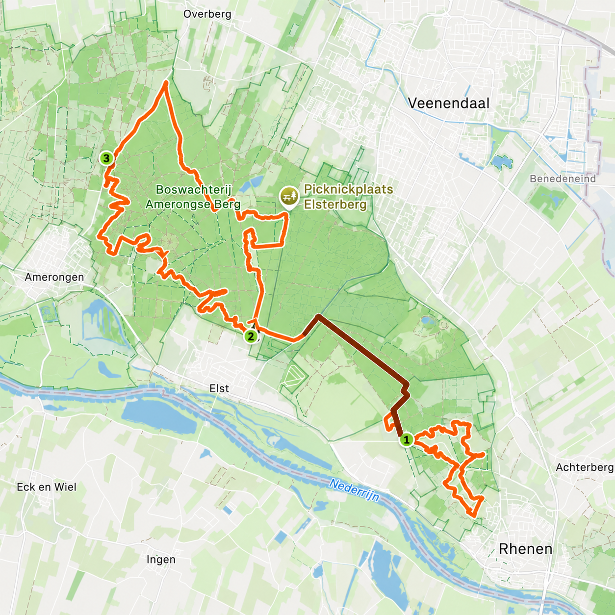 Kaart van de volledige mountainbikeroute tussen Rhenen, Amerongen, Elst en Veenendaal